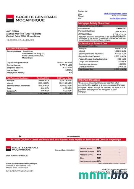 Mozambik Banco Société Générale Moçambique wyciąg z kredytu hipotecznego szablon Word i PDF